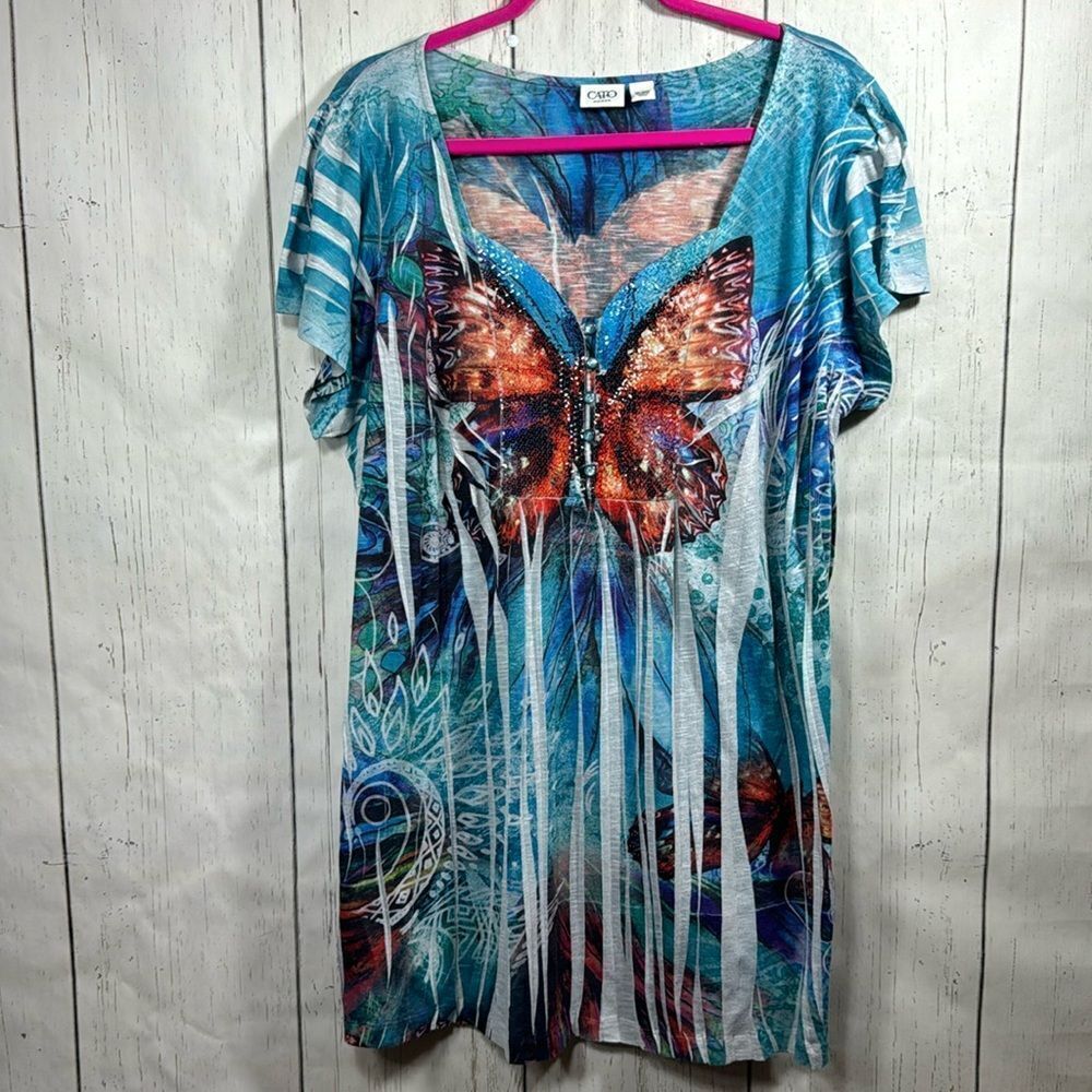 Cato Woman Colorful Sequins Butterfly Bright Festival Buttons Short Sleeve Top